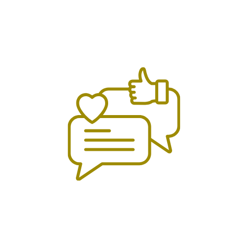 A gold line drawing showing a speech bubble with a heart and lines indicating text, along with a thumbs-up icon, on a black background.
