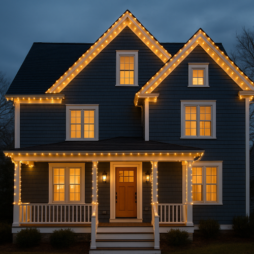 A two-story house decorated with string lights outlining the roof and porch at dusk. The house has illuminated windows and a front door with steps leading up to a covered porch.