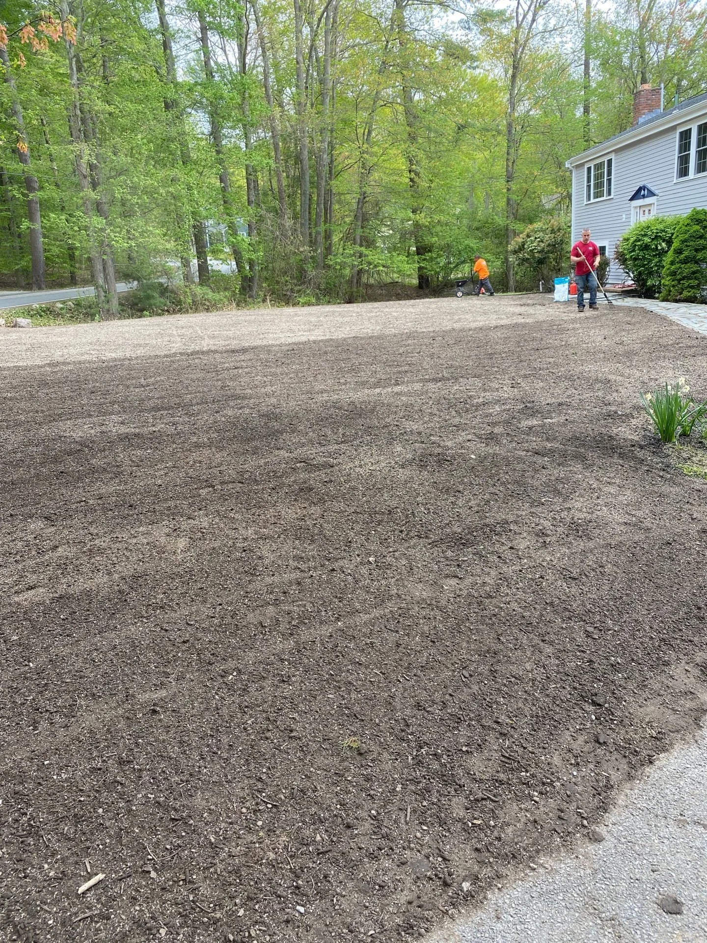 A yard with freshly leveled dirt, with two people working near a house, and surrounded by trees.