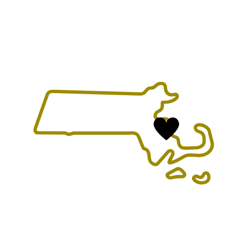 Outline map of Massachusetts in gold color on a black background.