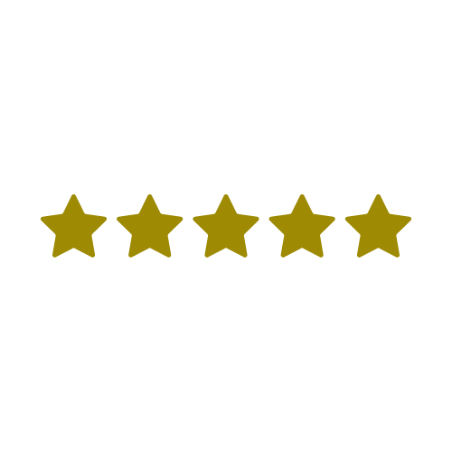 Five gold stars in a row with black text above that reads "Customer Satisfaction" and smaller black text below that says "Rated 5 out of 5".
