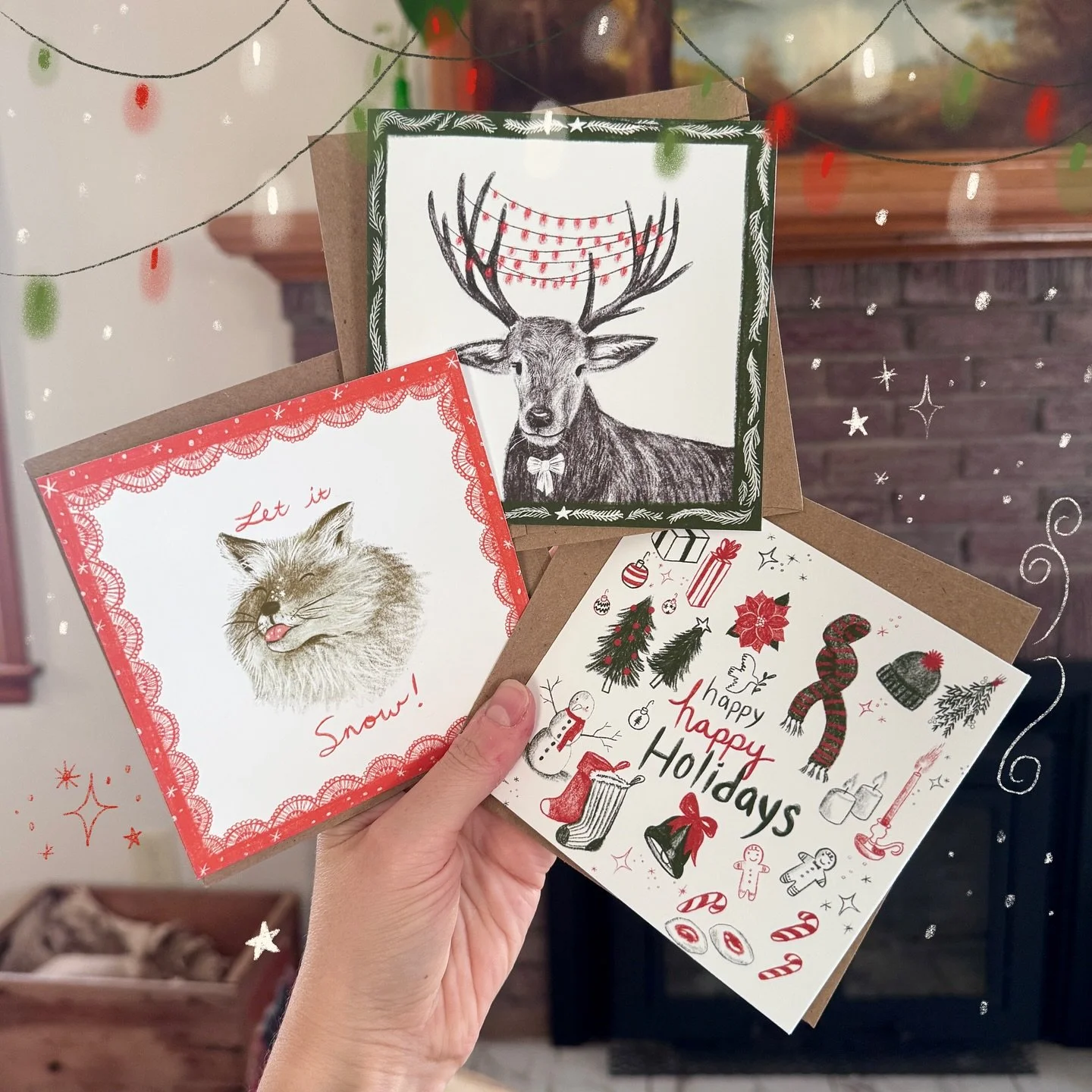 3 of 5 card designs I am working ever so diligently on! Which one is your favorite? 
I am going to have a small batch of cards ready for @bruhavencraft &lsquo;s holiday market this Saturday, 12pm-5pm! 
🍻 &hearts;️💚
.
.
.

#procreate #procreatedrawi