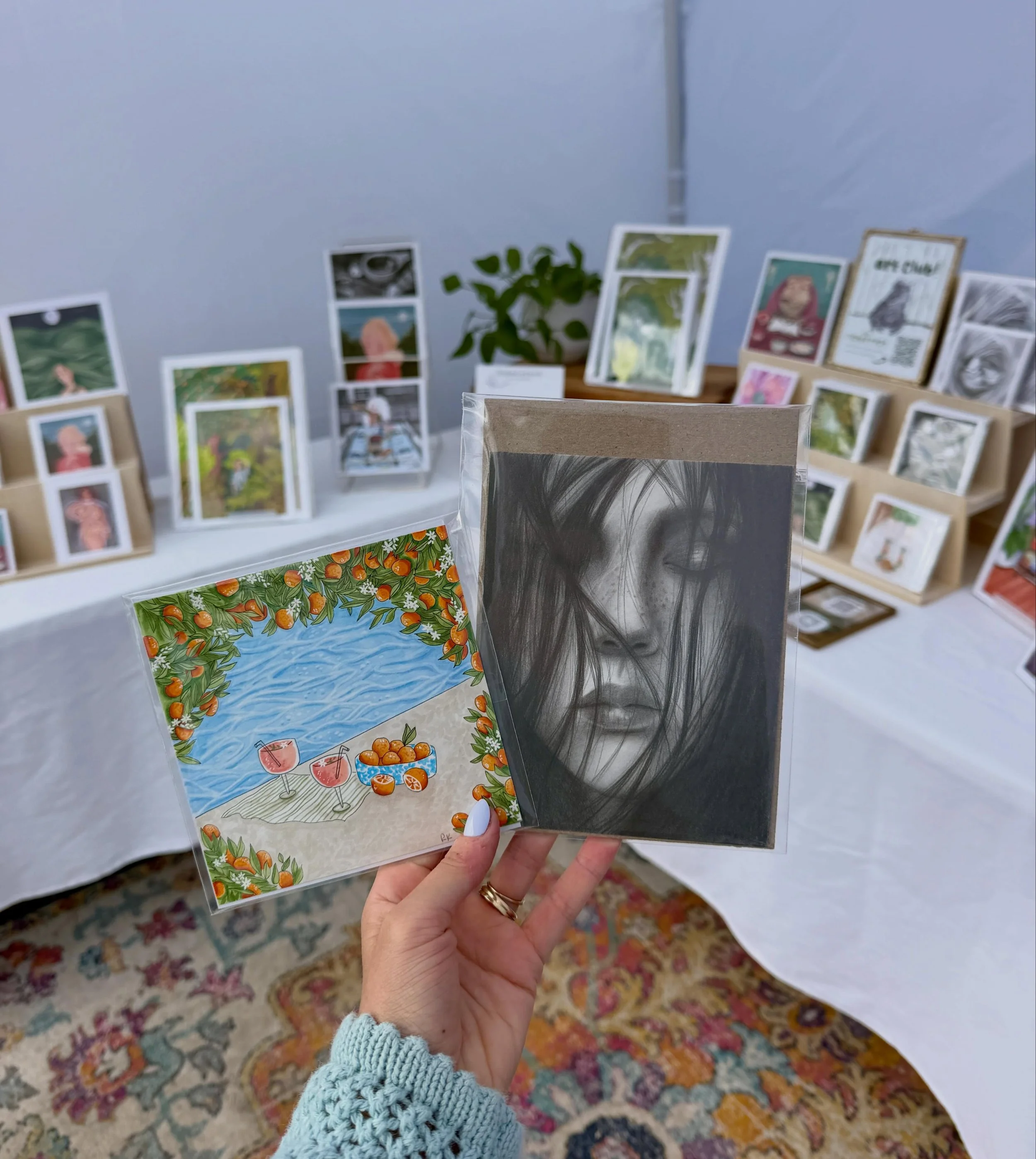 I brought two of my very favorite originals to @sculpturegardenartfair 
Here until 5pm: booth 108! 
🍊 &ldquo;Pool Date&rdquo; 5x5 - $60 (marker and ink)
☁️ &ldquo;Leah&rdquo; 4 3/4x6 - $60 (pencil)