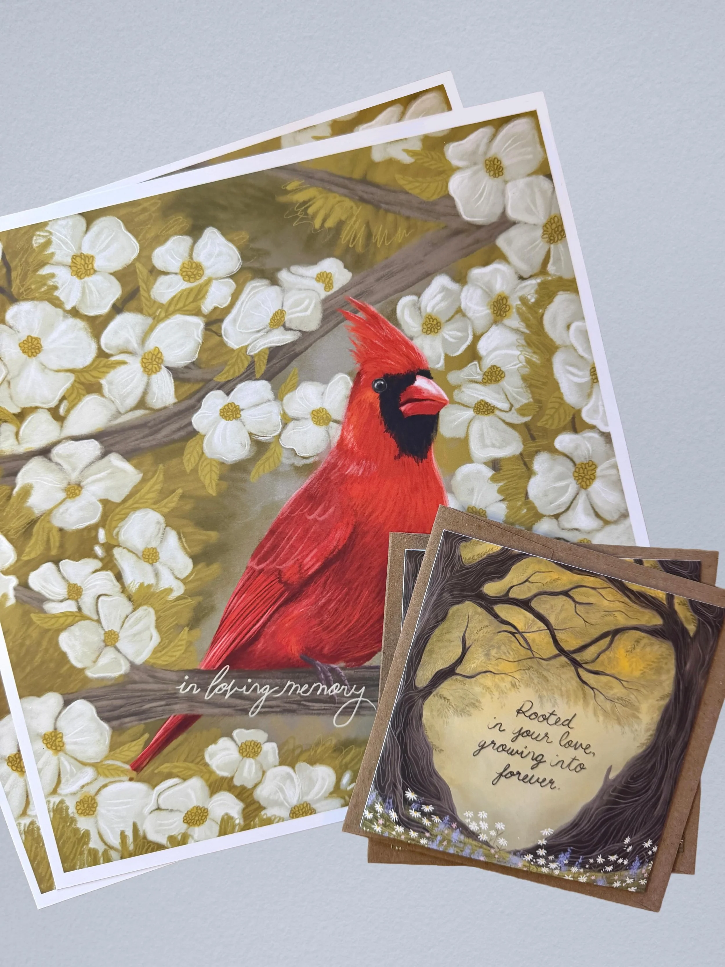 I am so lucky to have been able to do this very special wedding commission. I illustrated a Cardinal to honor and remember a passed loved one, and worked with the bride to create a meaningful card in which she wrote letters to friends and family. Tha