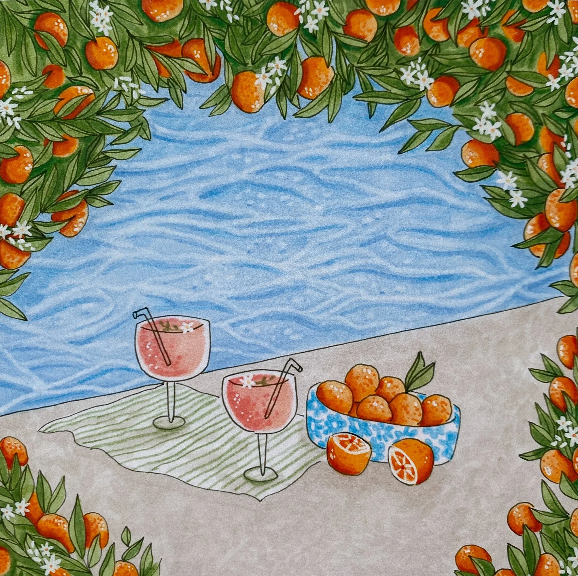 "Pool Party" 2023.
Traditional illustration done with Copic markers, colored pencil, and ink.