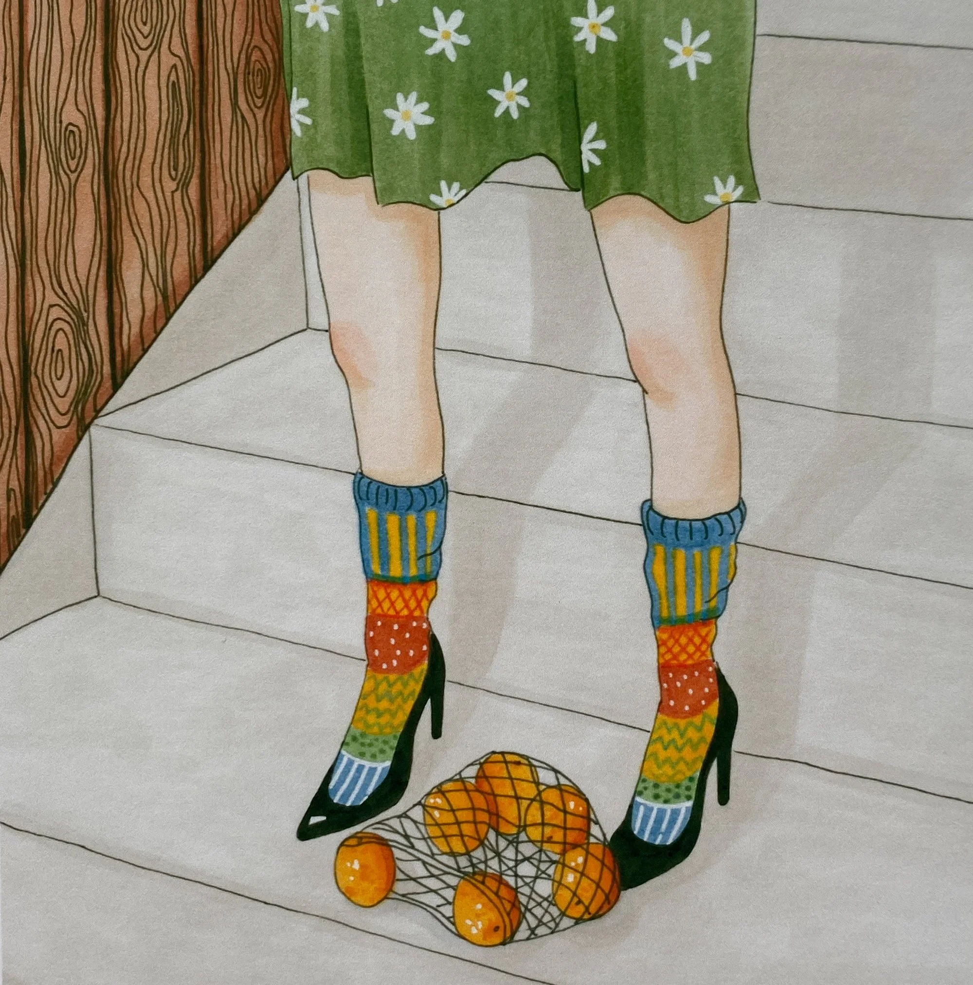 "Fruit Drop" 2023.
Traditional illustration done with Copic markers, colored pencil, and ink.