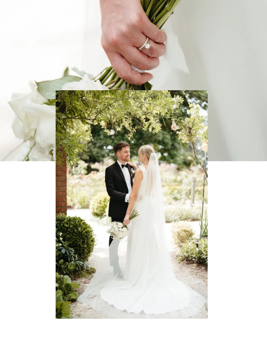 A bride and groom standing outdoors surrounded by greenery, with the bride in a long white wedding gown and veil holding a white bouquet, and the groom in a black tuxedo, sharing a tender moment.