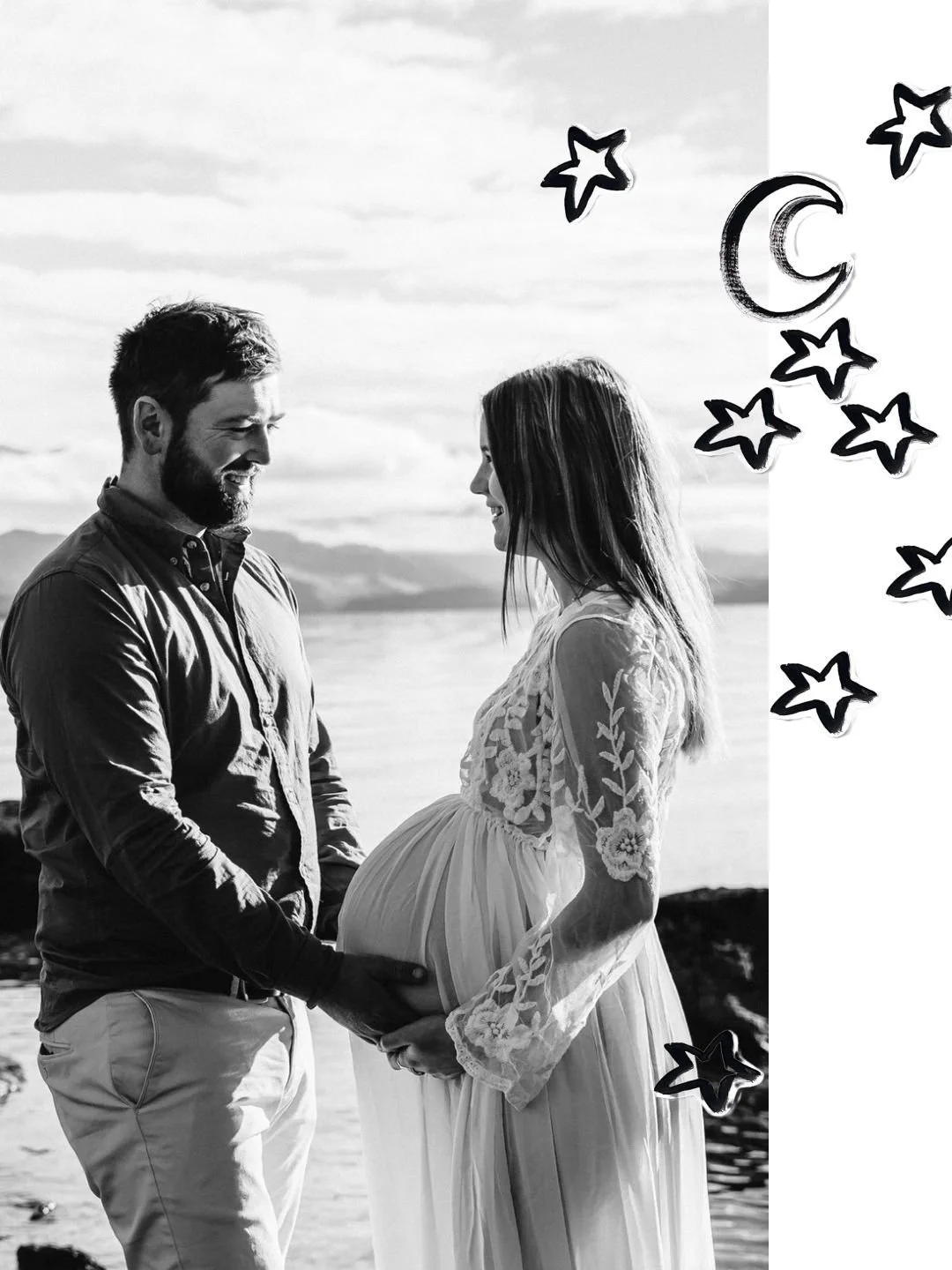 A pregnant woman and a man sharing a happy moment on the beach, with decorative stars and moon drawing overlay on the right side of the image.