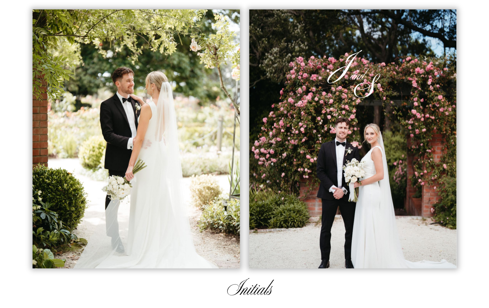 A diptych of wedding photos featuring a couple in wedding attire. The left photo shows the couple in a garden, with the bride holding a bouquet and the groom in a black tuxedo holding her arm, both smiling. The right photo shows the same couple stand