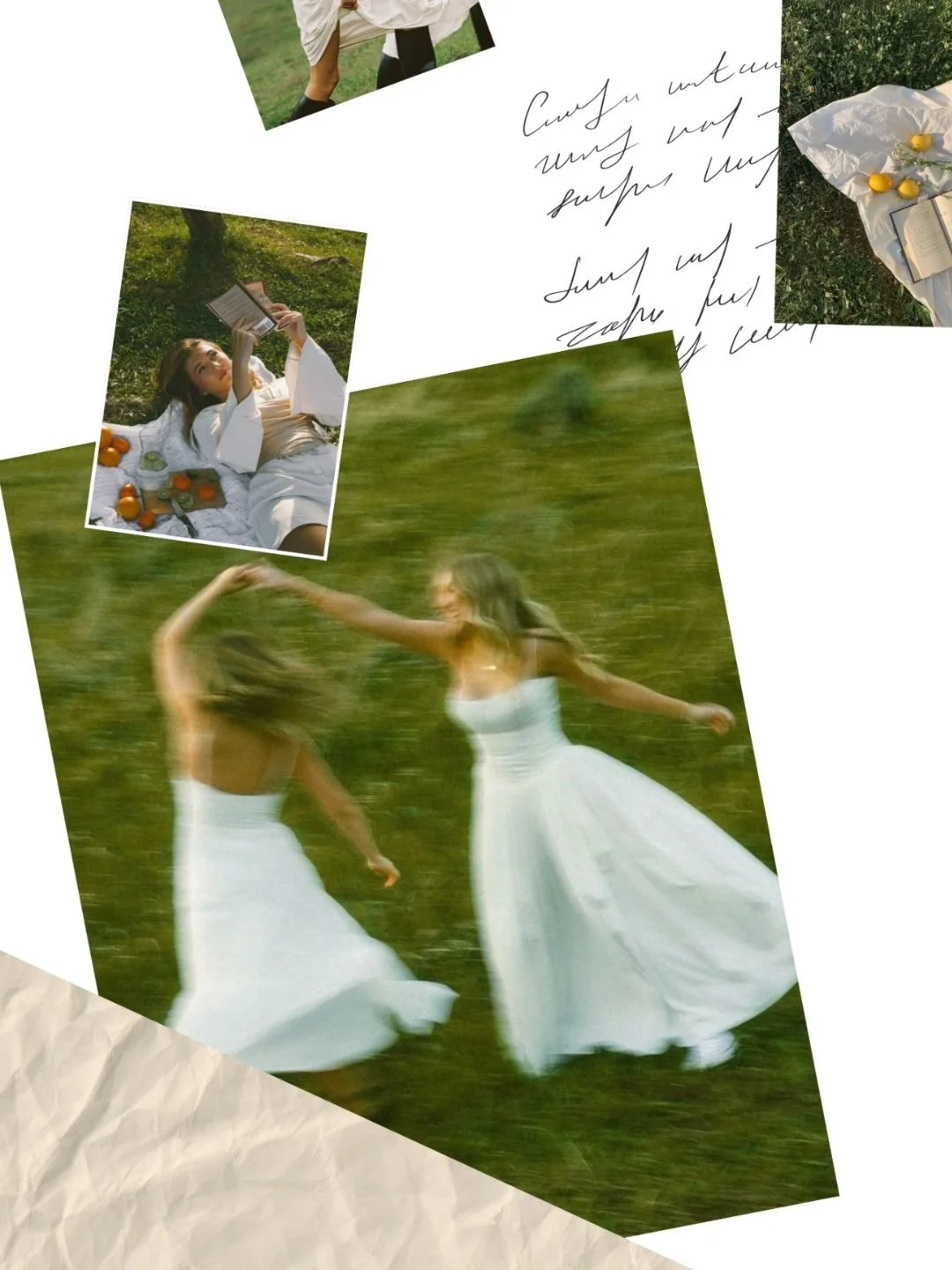 Collage of photos featuring women relaxing and dancing outdoors, with handwritten notes and picnic items like oranges and book on grass.