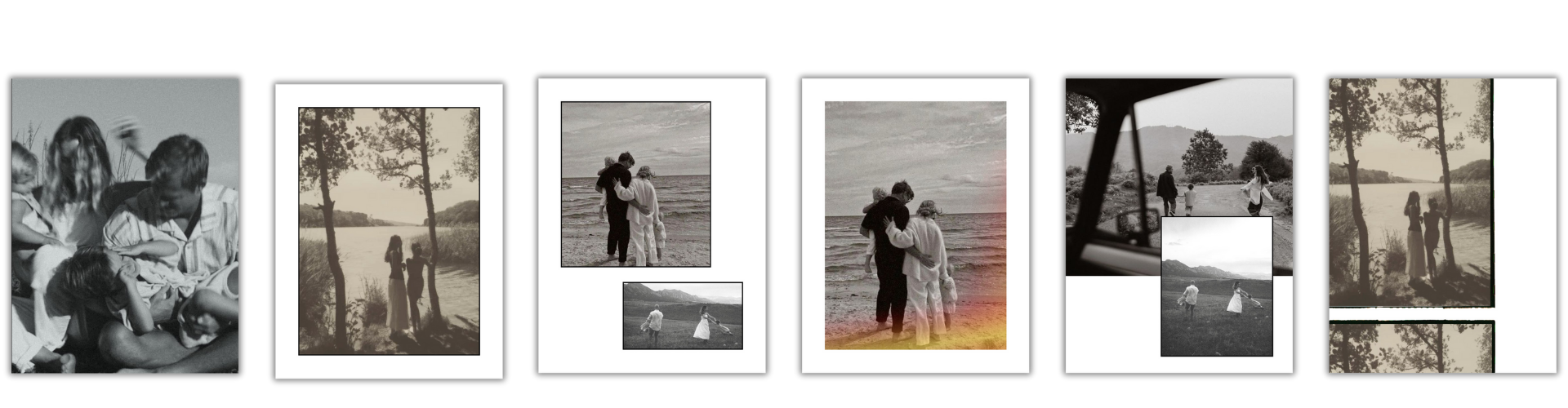 A series of six photos showing children and adults enjoying outdoor activities near water and trees, including playing on the beach and walking by a river, with some in black and white and others in color.