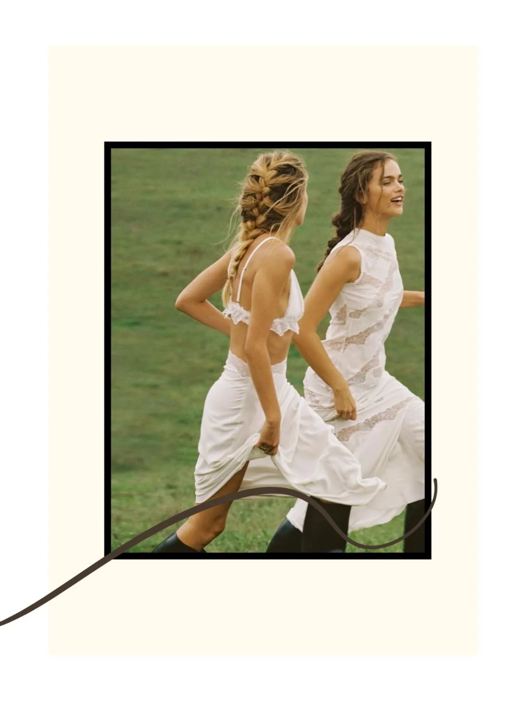 Two women in white dresses running on grass, holding their skirts, with one woman smiling and the other turned to the side with her face mostly obscured.