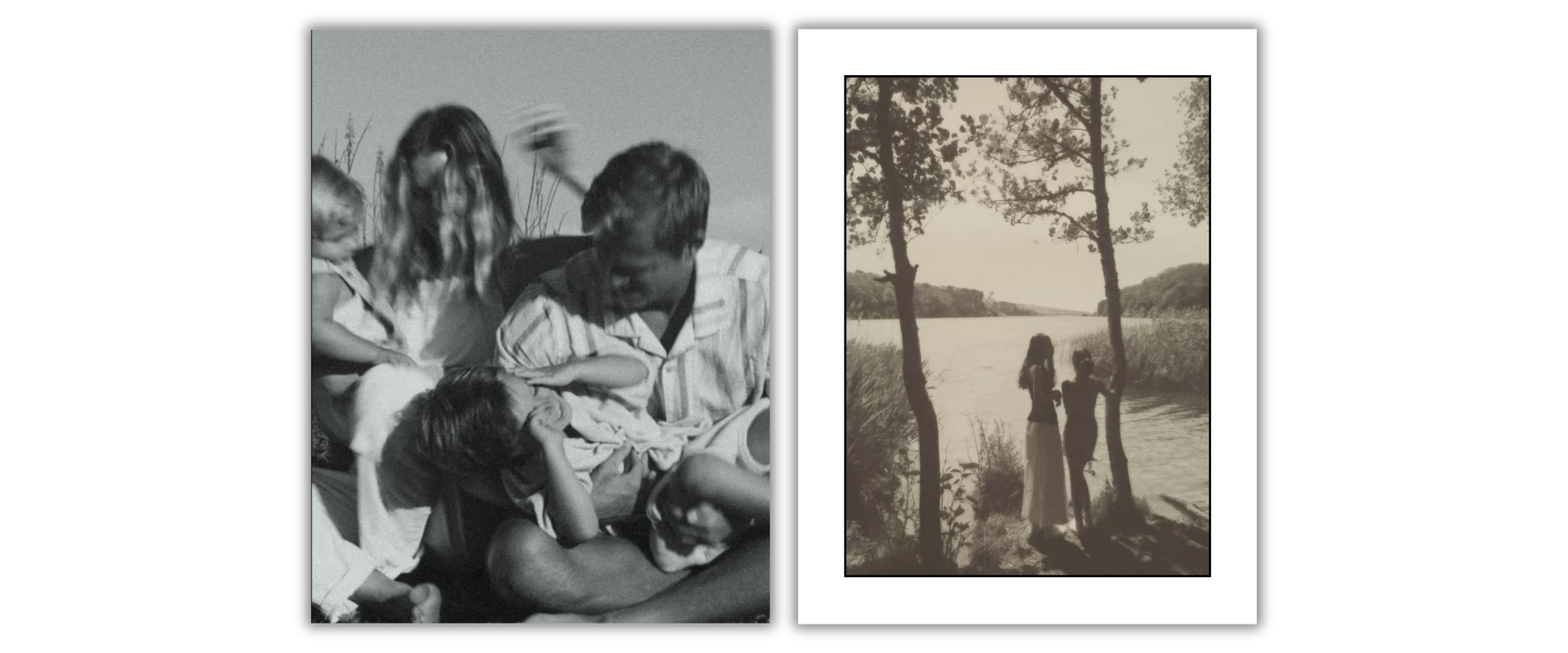Black and white photo split into two images. The left shows a group of children, three girls and a boy, sitting closely together, with one girl leaning on the boy's lap. The right shows a scenic view of three women standing by a river, surrounded by 