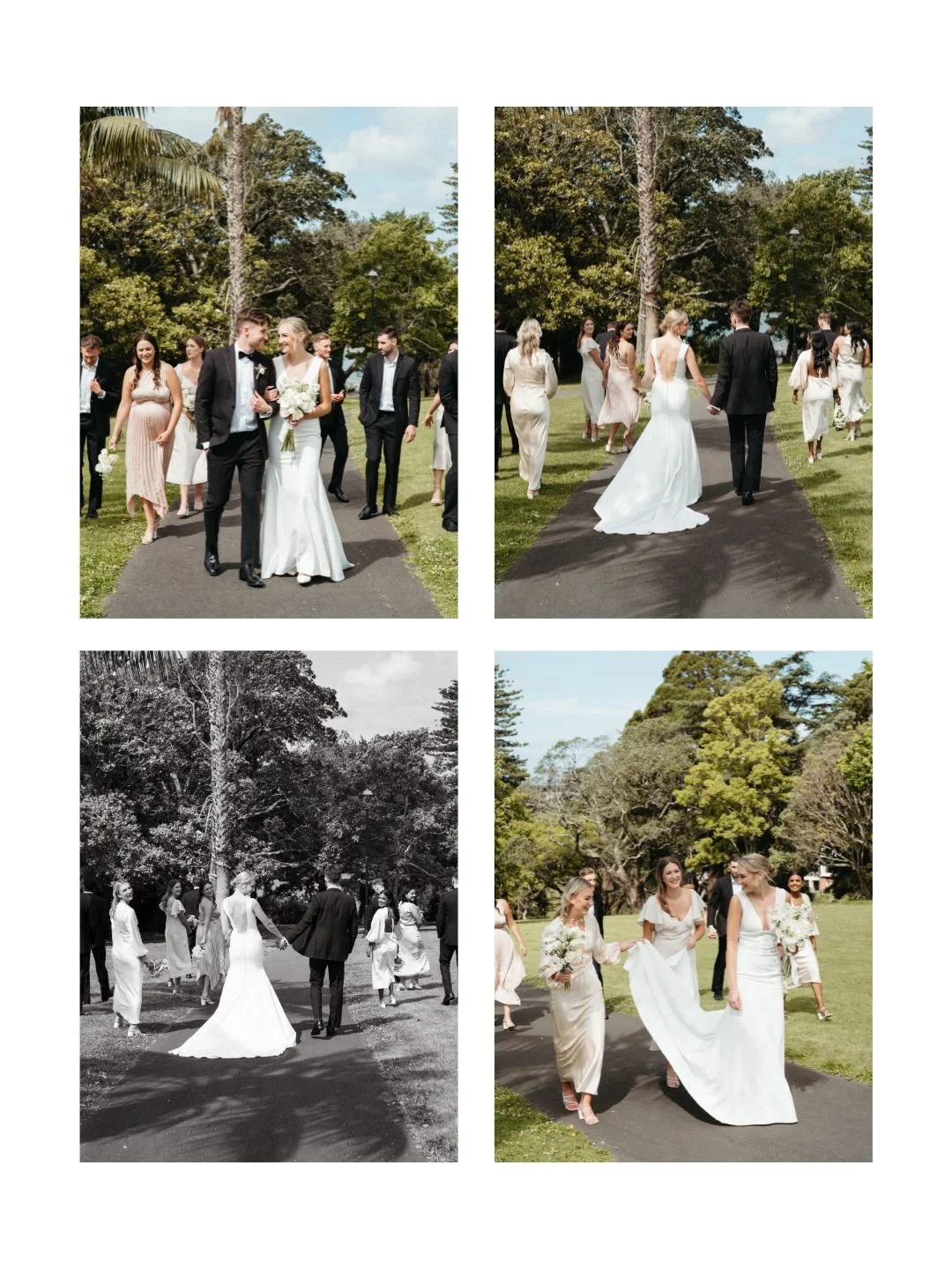 A collage of four images showing a wedding procession outdoors in a park with trees and green grass. The top left and right images feature the bride, dressed in a white gown, walking with bridesmaids and guests, some in formal attire. The bottom left is a black-and-white photo of the bride and groom walking hand-in-hand. The bottom right shows the bride and bridesmaids walking together, smiling, and holding bouquets.