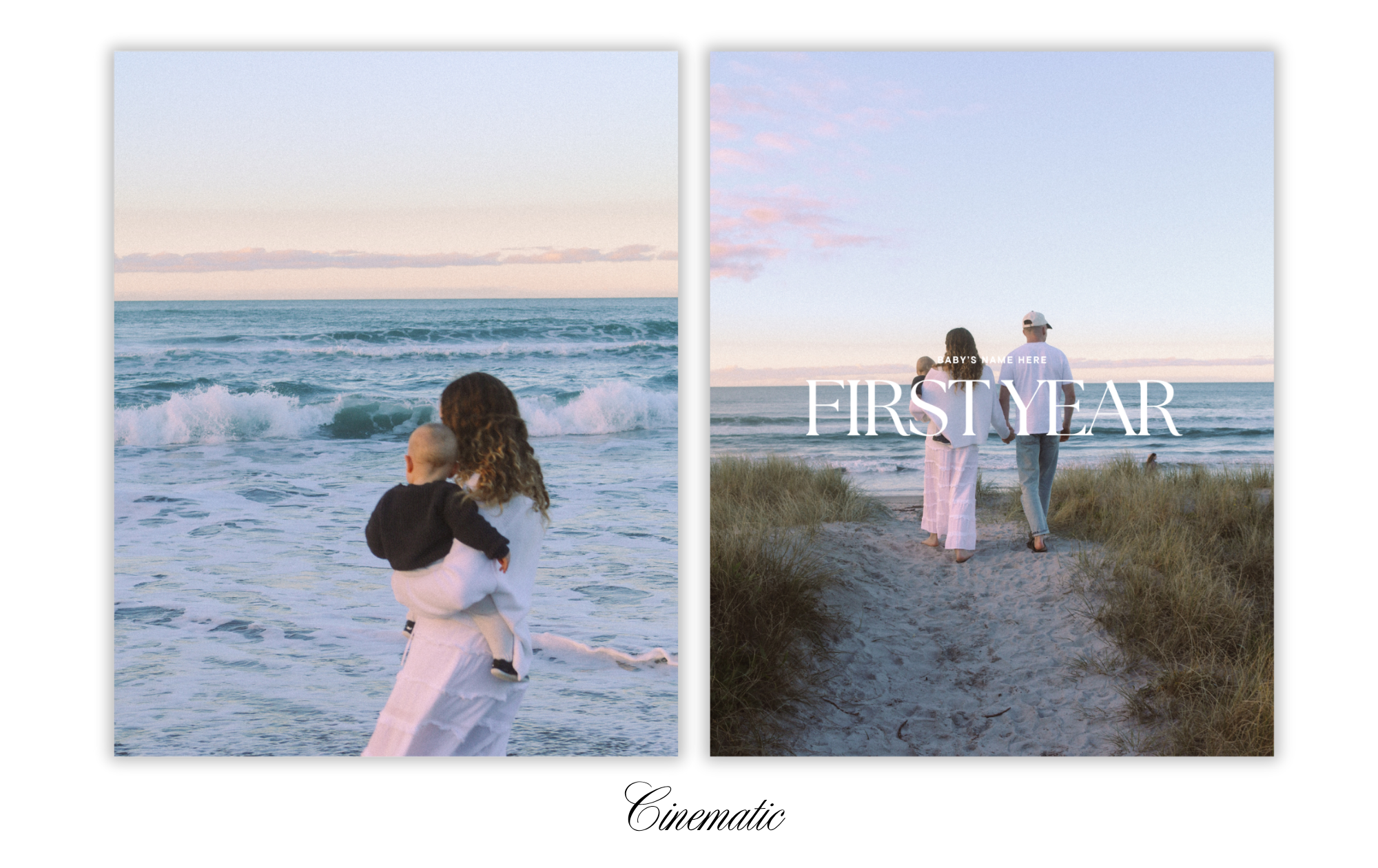 Two side-by-side photos of a family at the beach during sunset. The left photo shows a woman with curly hair holding a small child, both facing the ocean, with waves in the background. The right photo depicts a family walking on a sandy path through 