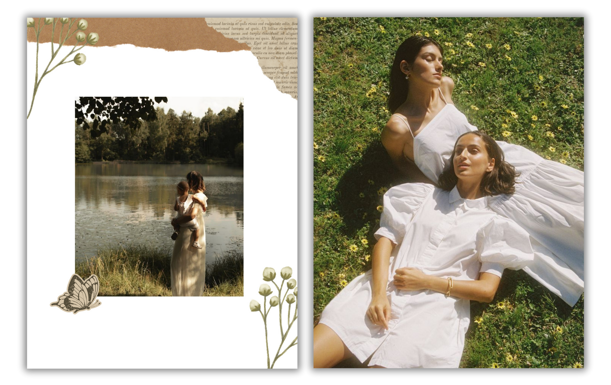Two women lying on the grass with yellow flowers, wearing white dresses, in a sunny outdoor setting.