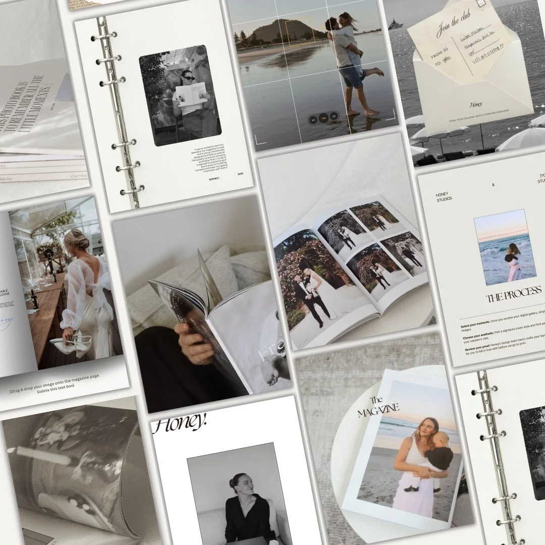 Collection of open magazines and photo books with photos and articles, featuring people at the beach, a woman reading, and various lifestyle images.