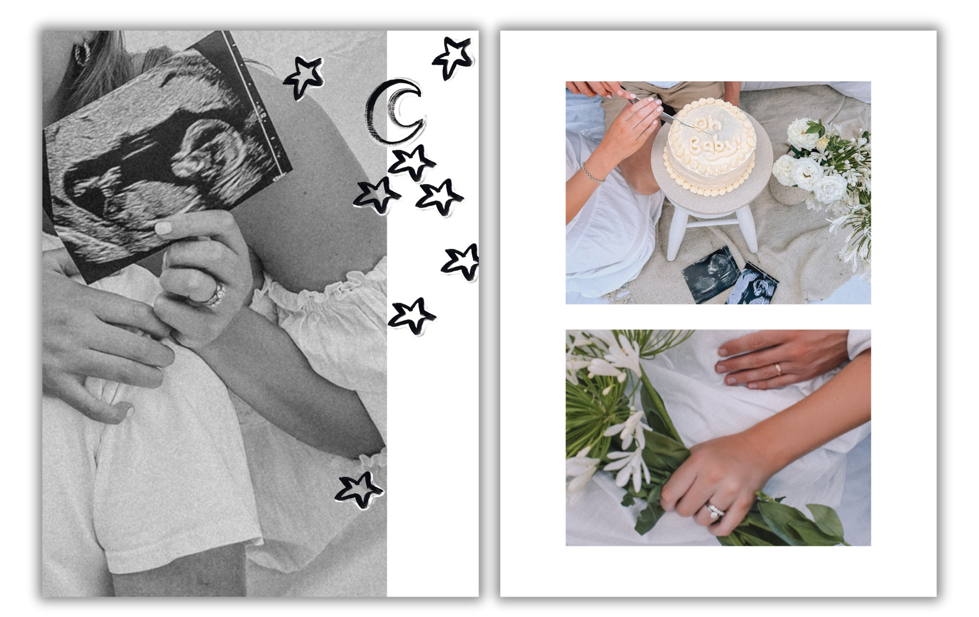 Collage of three photos. The first is an ultrasound scan held by a woman with stickers of stars and a crescent moon around it. The second shows a person cutting a cake labeled 'baby' on a white stool, surrounded by flowers and ultrasound images. The 