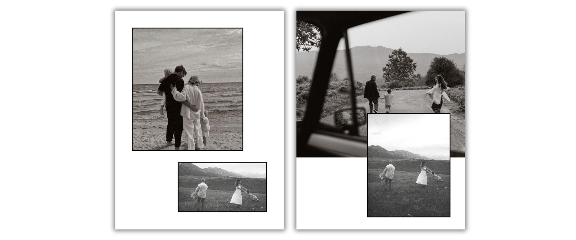 Two black-and-white photo collages featuring family scenes. The left collage shows a couple with two children at the beach, one walking with a teddy bear. The right collage depicts a family walking along a rural path with mountainous landscape in the