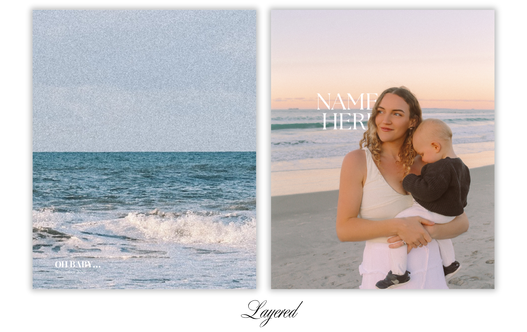 Image of two side-by-side photos on a black background. The left photo shows a calm ocean with waves and a mostly clear sky, with small text at the bottom left reading 'OH BABY... November 2023.' The right photo depicts a young woman with curly hair 