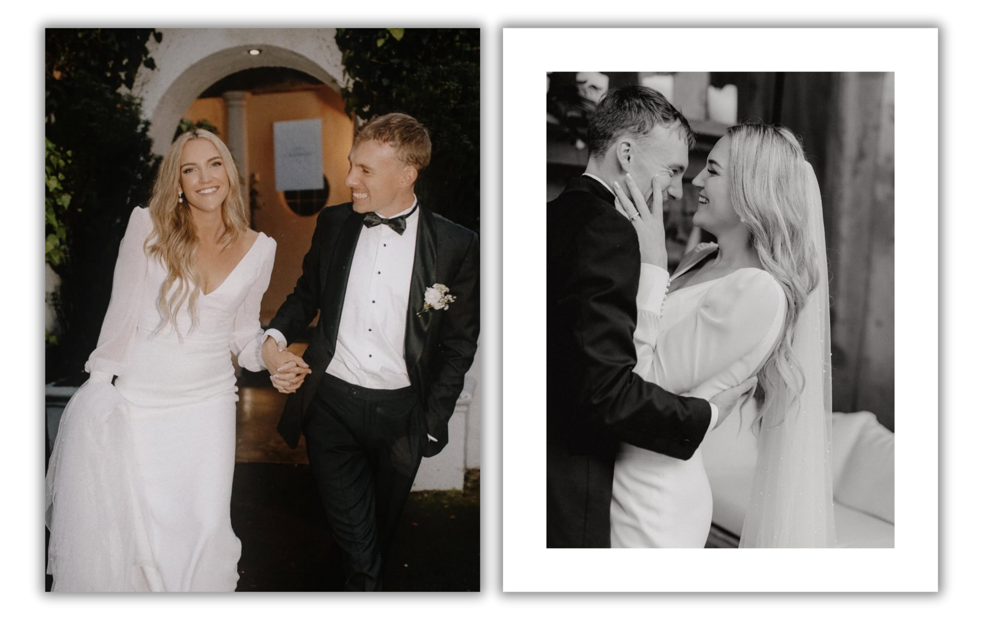 A wedding scene with a couple, the woman in a white wedding dress and the man in a tuxedo with a bow tie. On the right, a black-and-white close-up of the couple, smiling and touching faces, in an intimate moment.