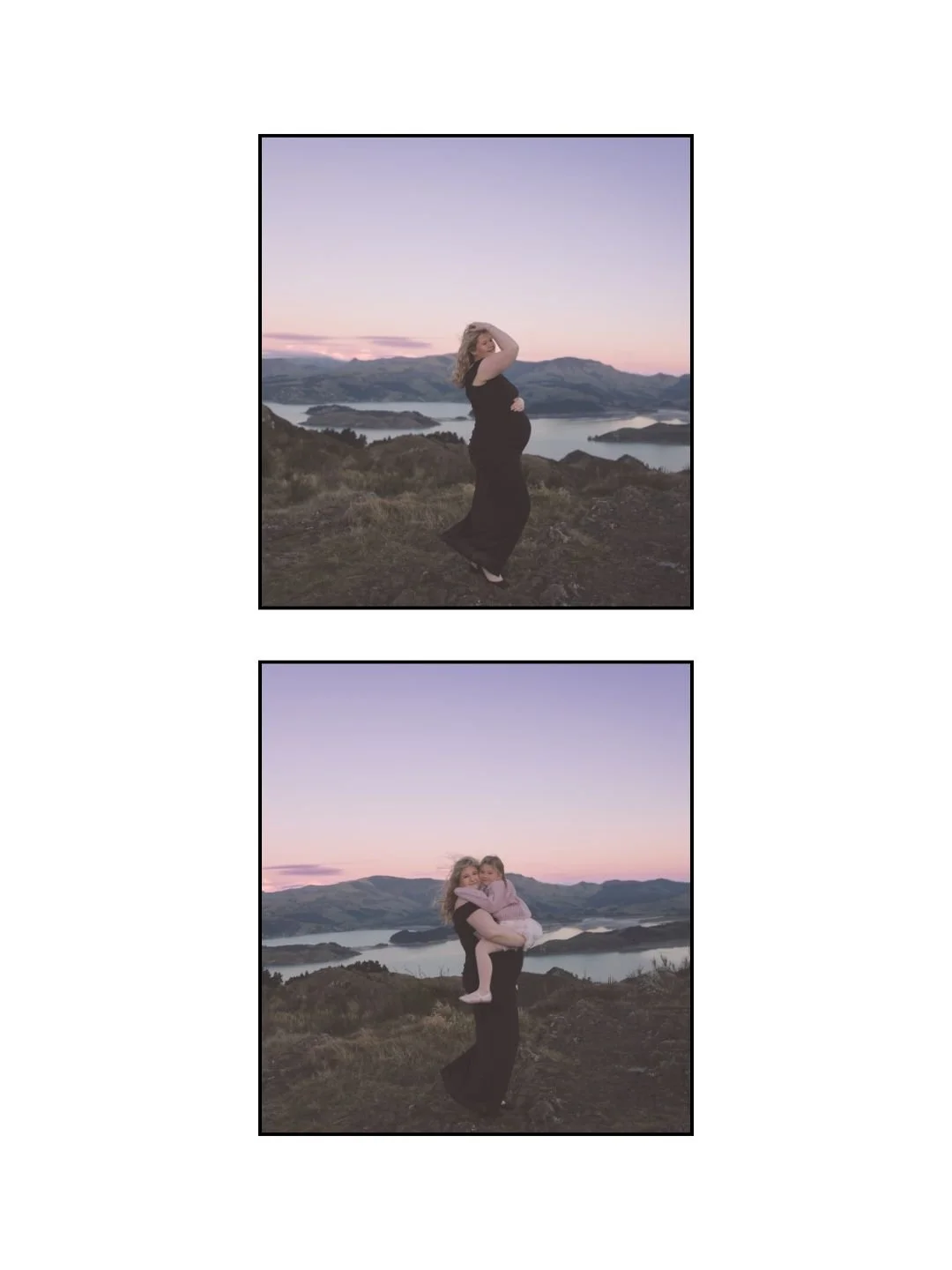 A woman in a black dress standing outdoors at sunset, holding her pregnant belly in the first image, and holding a young girl in a pink sweater in the second image, with mountains and a lake in the background.