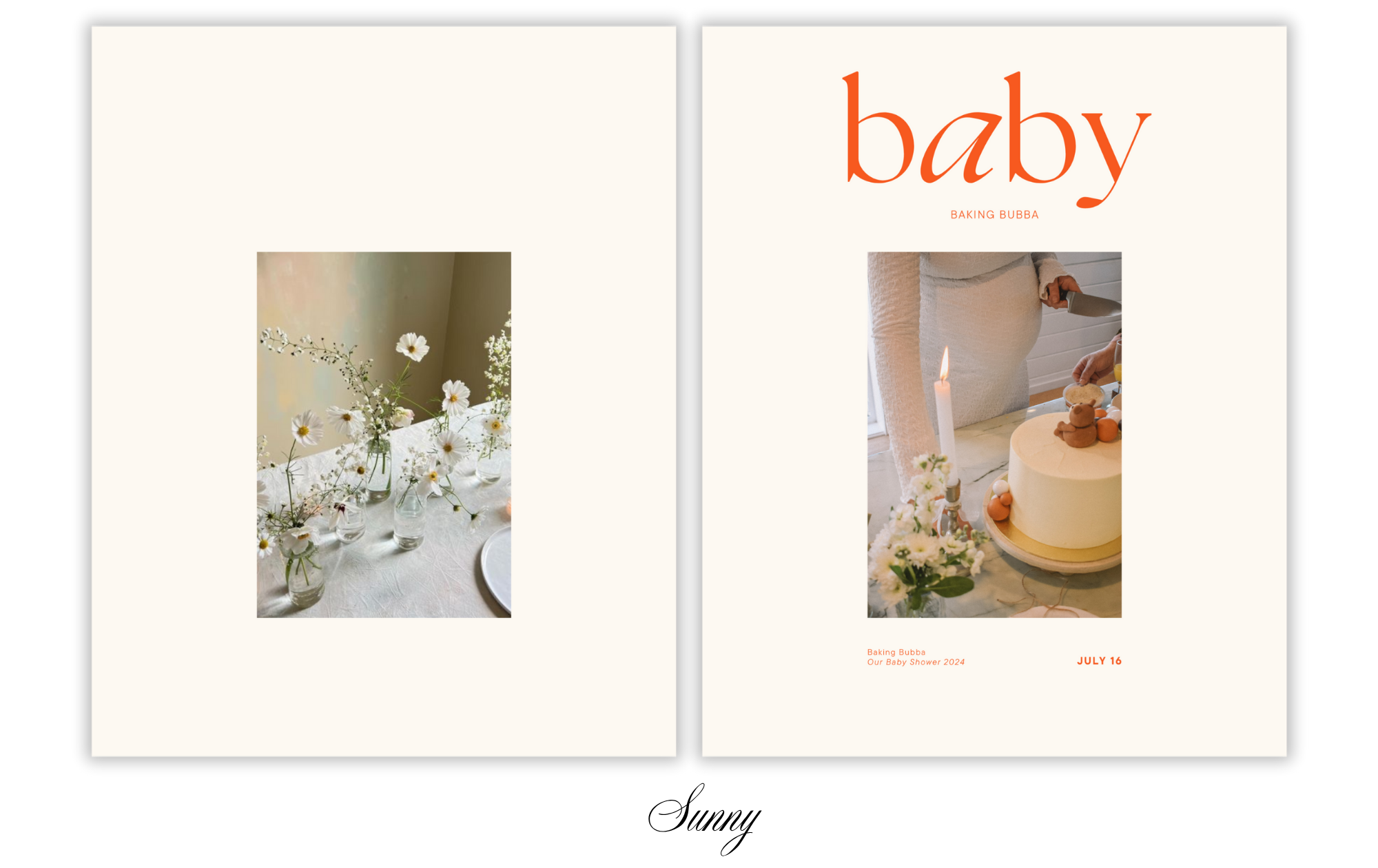 Left side shows a table with small glass vases containing white daisies and baby's breath flowers, decorated in a soft pastel setting. Right side features a birthday cake with a single lit candle, decorated with small fondant decorations, and a perso