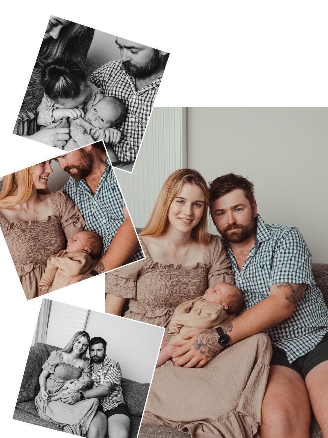 A collage of photos of a young couple with a newborn baby, including a black-and-white and colored images, showing them smiling together with the baby.