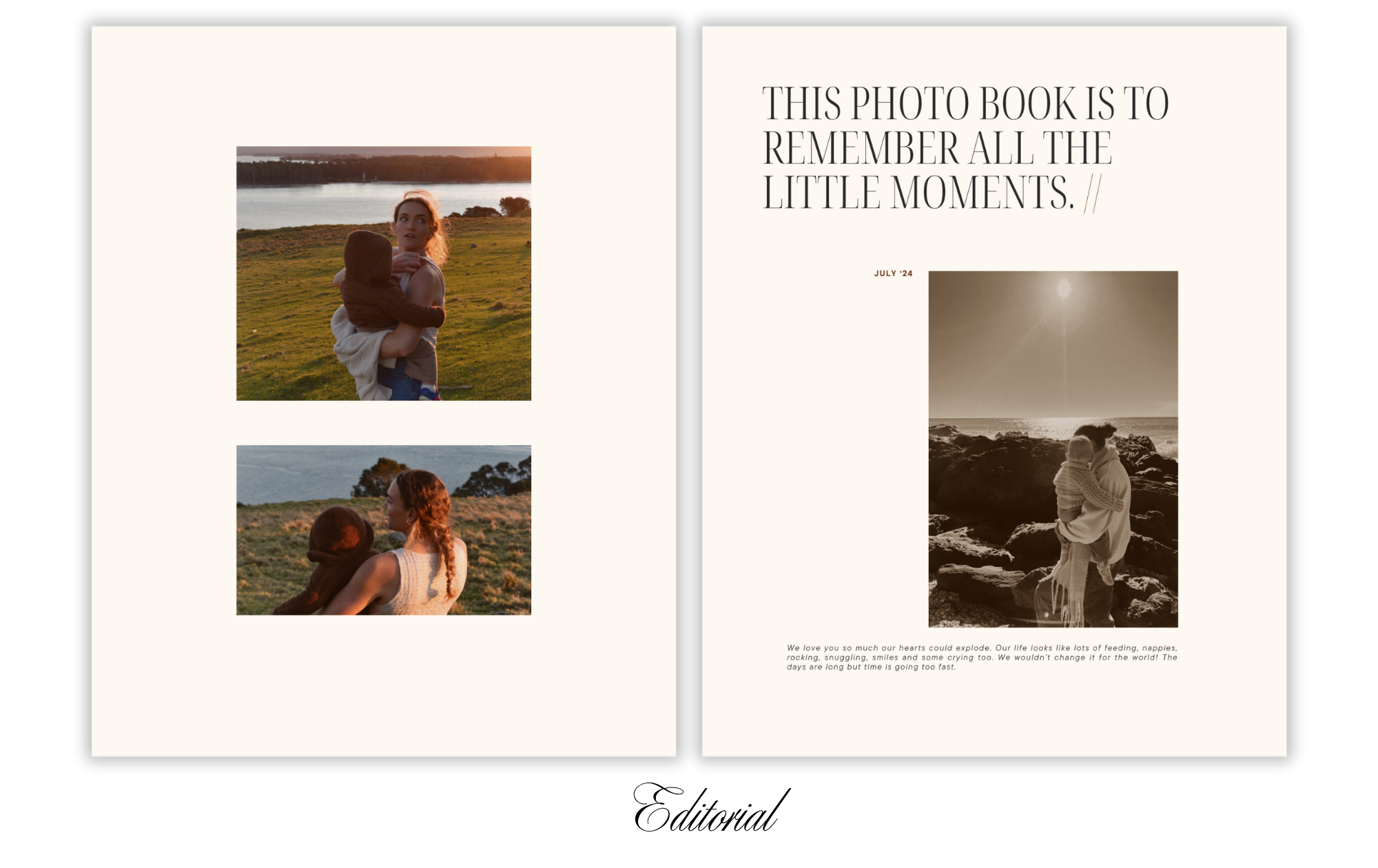 A two-page scrapbook or photo book spread. The left page contains two photos of a woman with curly hair, each holding a child wrapped in a blanket, in outdoor settings at sunset. The right page has large text saying "This photo book is to remember al