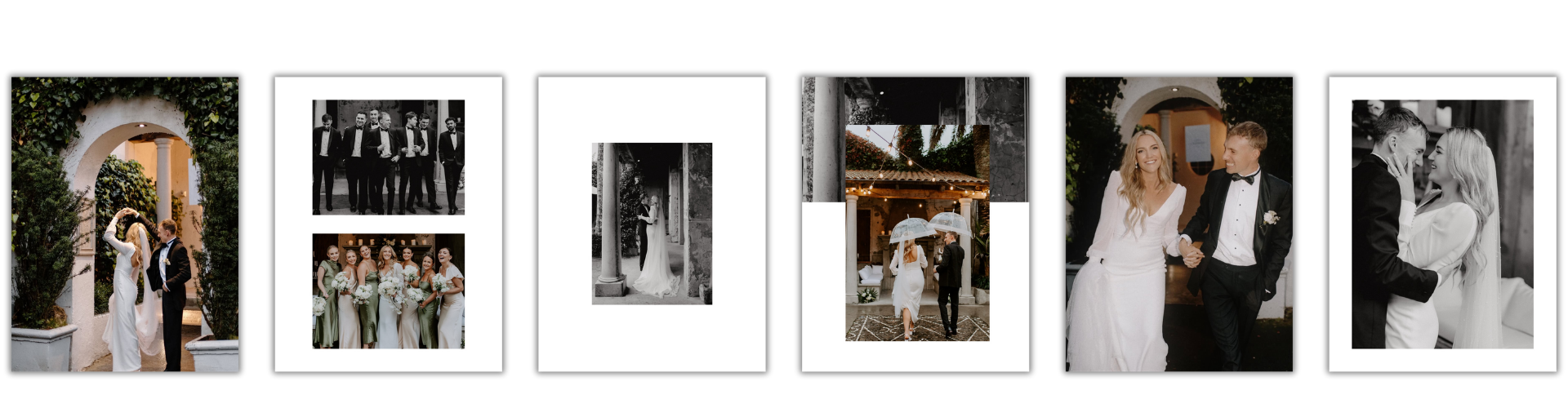 A collage of wedding photos showing a bride and groom, wedding party, and guests at their wedding celebration.