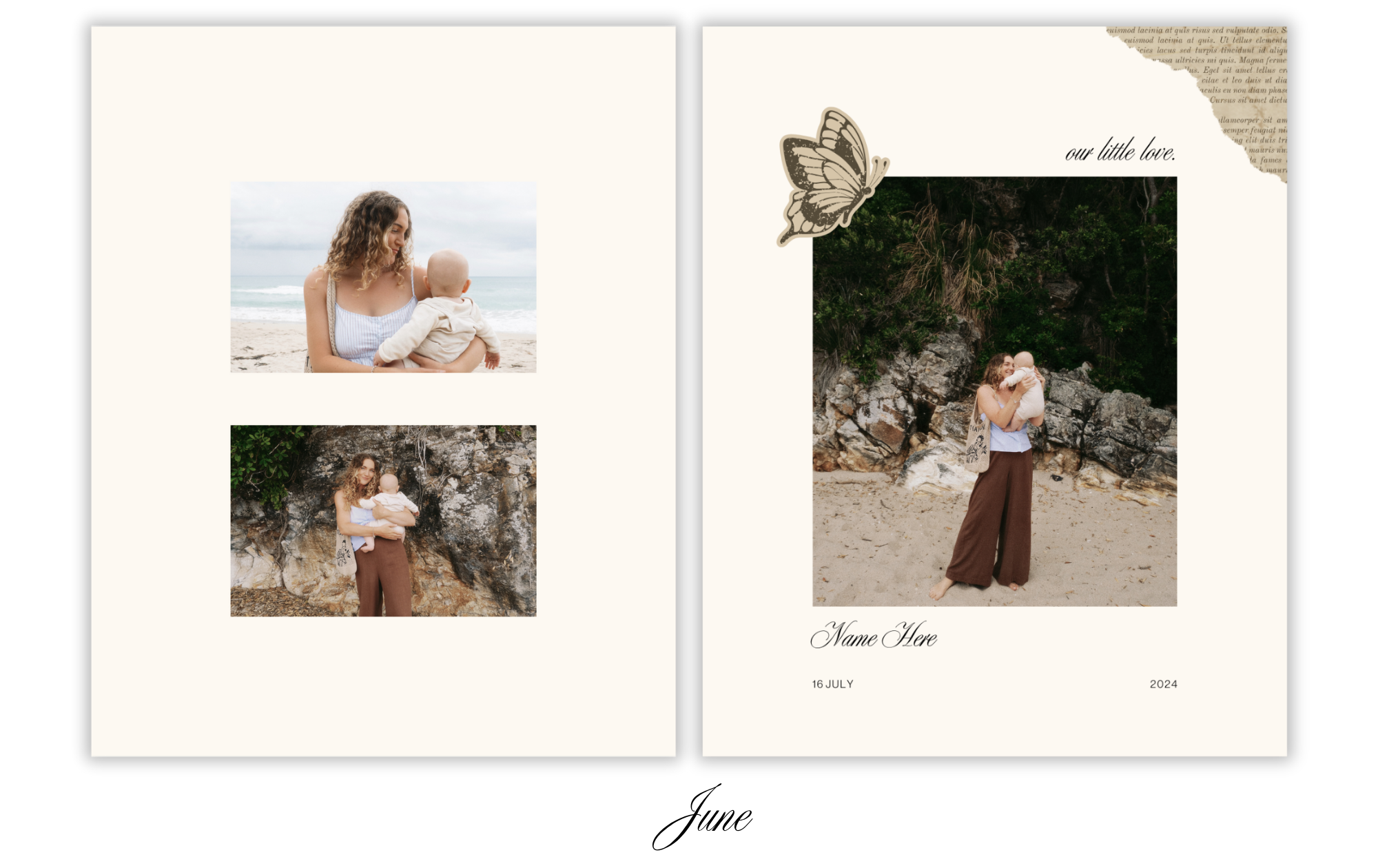 A collage of three photographs of a woman holding a baby on the beach, with a beach and rocky background, surrounded by decorative butterfly stickers and text that reads "our little love," "Name Here," "16 July," and "2024."