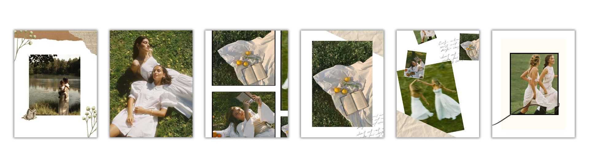Collage of six photos featuring women in white dresses outdoors, with a lake, grass, and flowers, including close-ups of a picnic with lemons and a book, and women dancing and relaxing in nature.