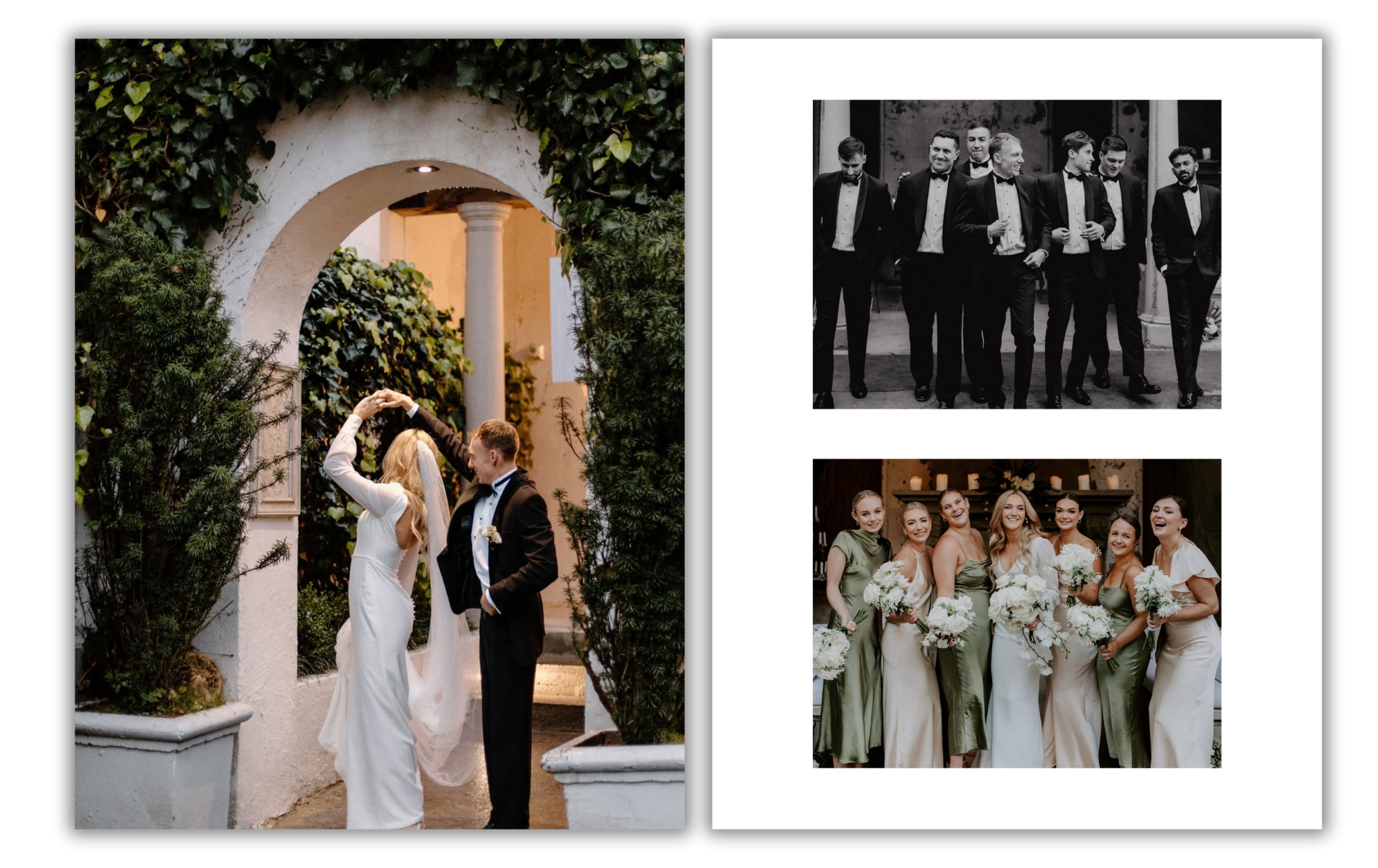A wedding celebration with a couple dancing under an arched outdoor structure, surrounded by greenery; a group of groomsmen in tuxedos walking together; and bridesmaids in matching dresses holding bouquets.