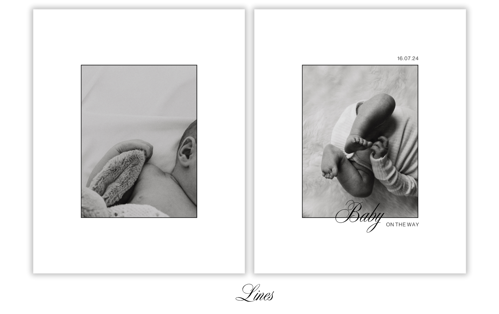 Black and white photos of a newborn baby; the left photo shows a close-up of the baby sleeping on a soft surface with a stuffed animal near the head, and the right photo shows a fetal position of the baby with legs tucked close to the chest, on a fuz