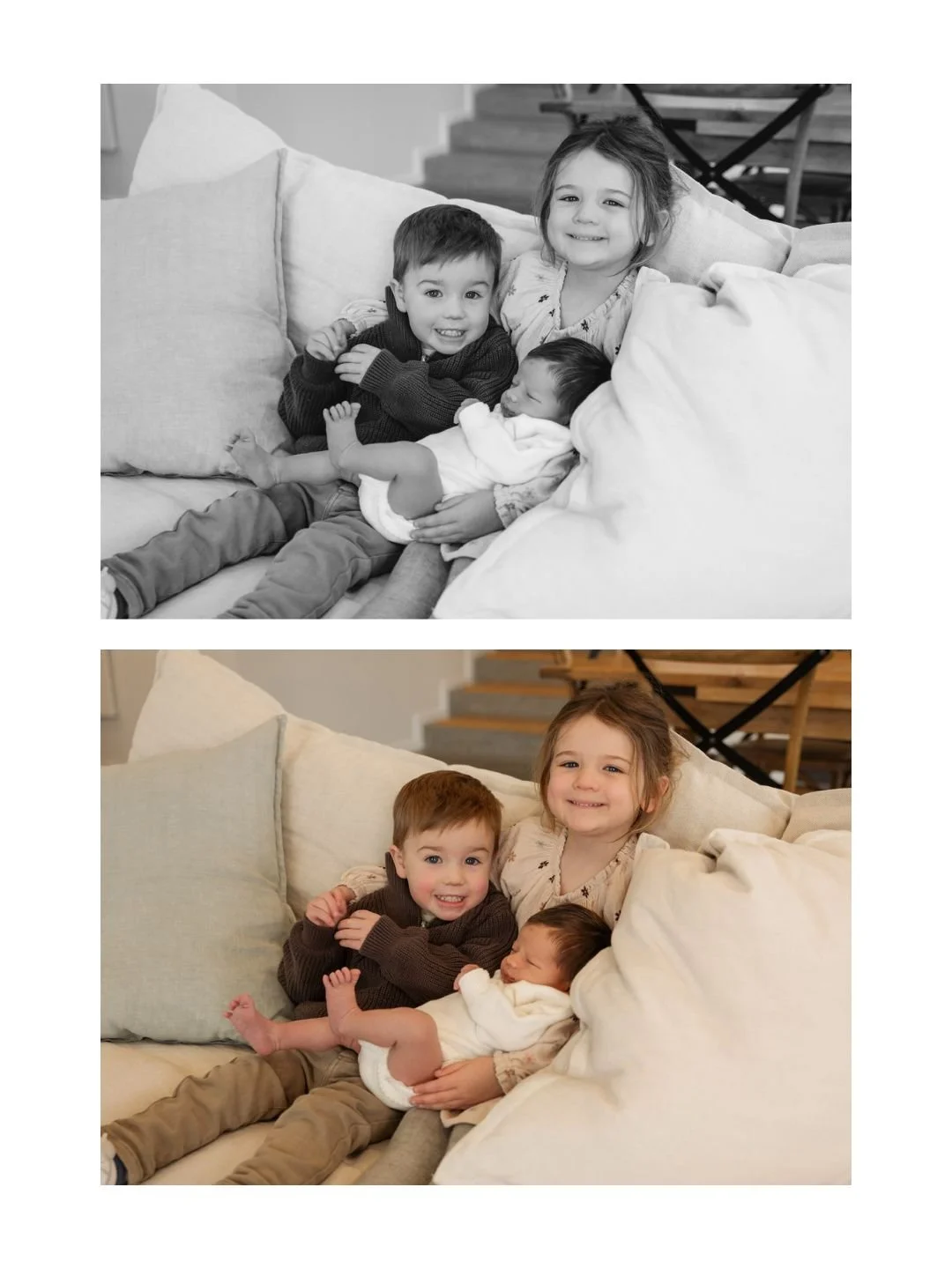 Two children, a boy and a girl, smiling and holding a baby, sitting on a couch with pillows; color version of the same photograph.