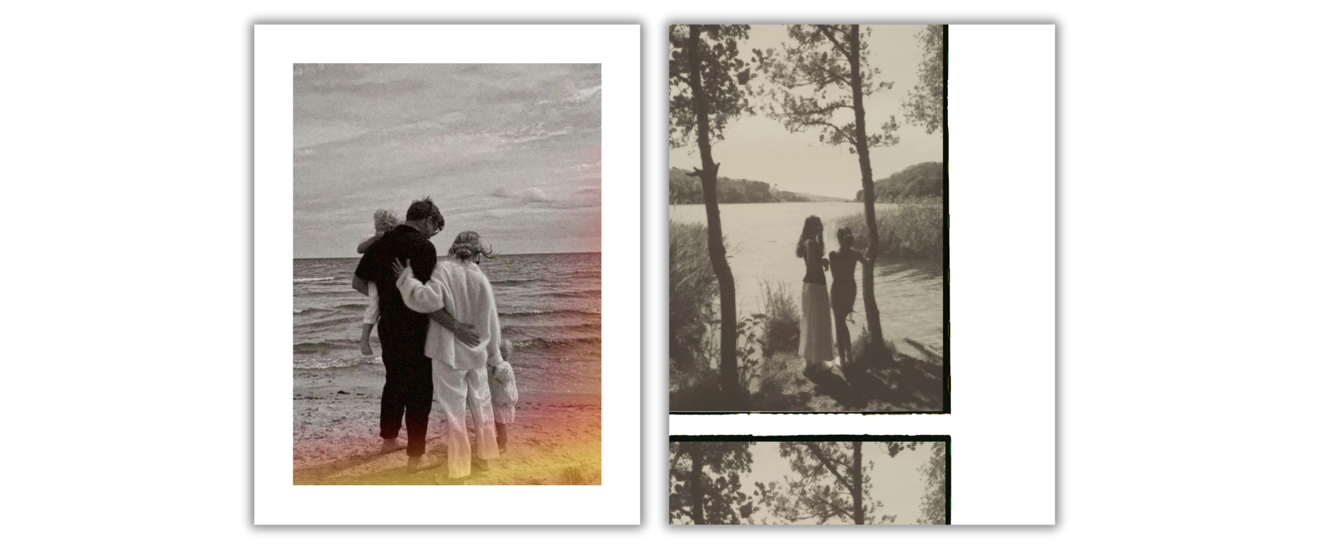 Two photographs in black and white. The left photo shows a family on a beach, with adults and children walking in the water. The right photo depicts two women standing by a river, framed by trees, with the landscape in the background.