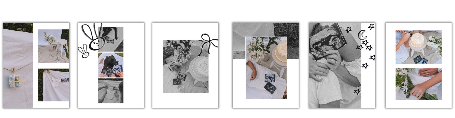 A series of photos featuring a baby shower setup, including a cake, ultrasound images, and decorations with balloons, stars, and bunny drawings.