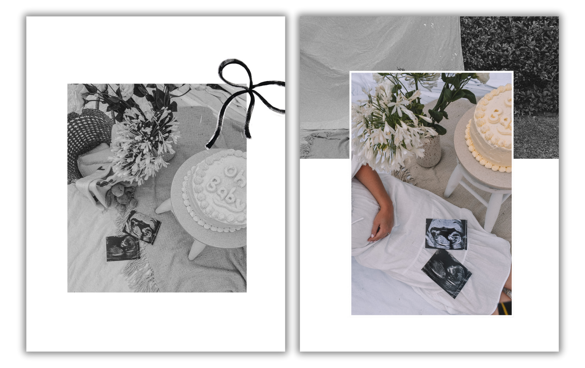 Side-by-side images of a woman celebrating with a cake and ultrasound pictures. The left image is in black and white, showing a circle cake with writing, flowers, and ultrasound photos on a table with a blanket. The right image is in color, showing a woman in a white dress, ultrasound photos on her lap, plants, flowers, and a unadorned cake on a white chair.