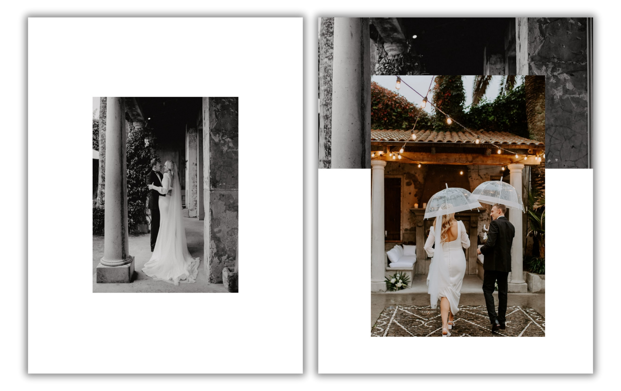 A pair of wedding photos; the left is in black and white showing a bride and groom staring at each other under stone columns, the right is a color image showing a bride and groom holding umbrellas, walking together in an outdoor courtyard decorated w