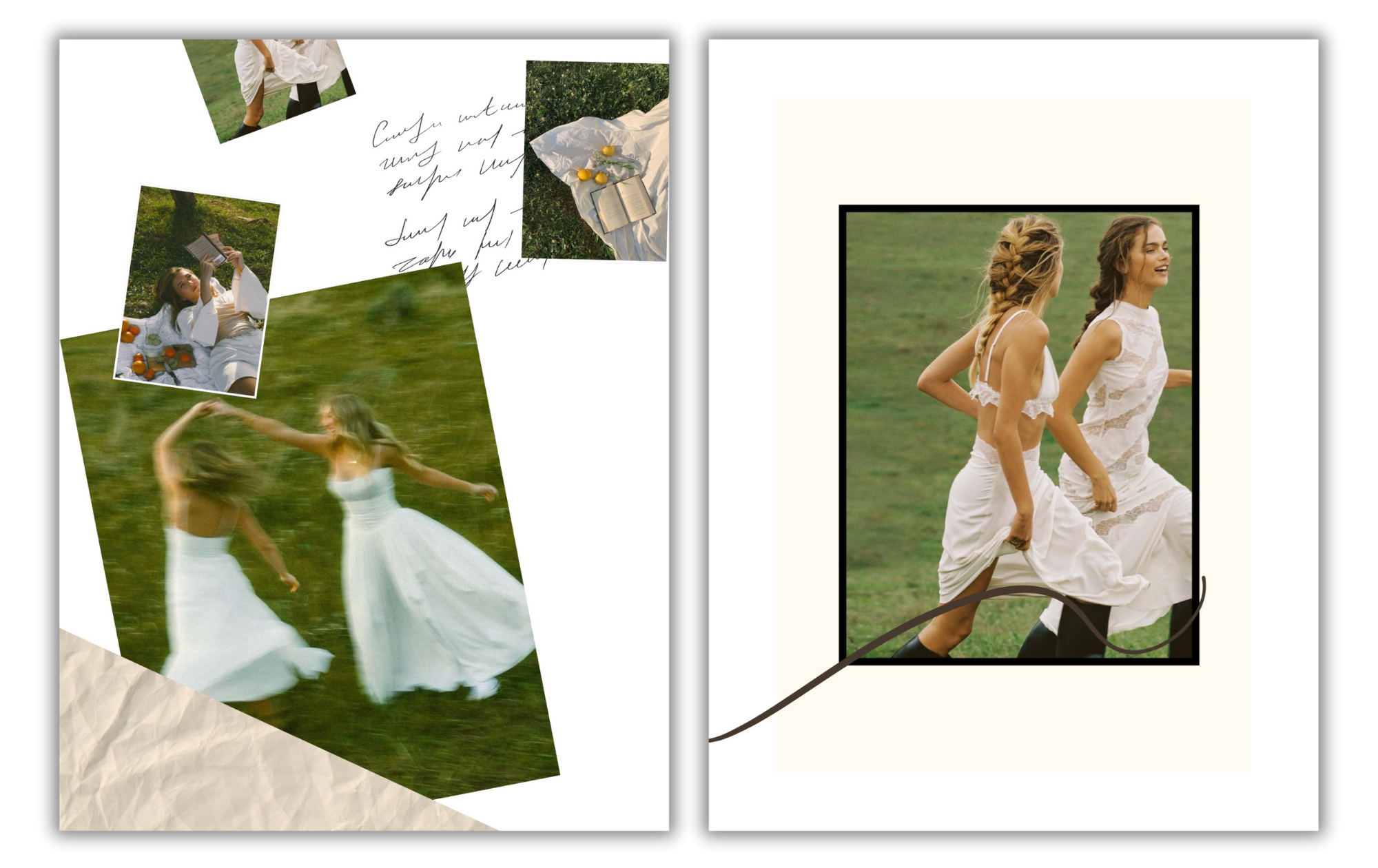 A collage photo featuring two women in white dresses outdoors. On the right, they are running on a grassy field, smiling and holding hands with one woman spinning. On the left, there are smaller pictures and notes, including images of women lying on grass with books and oranges, and a woman dancing in the grass. The collage has a layered, artistic style with various textures and handwritten text.