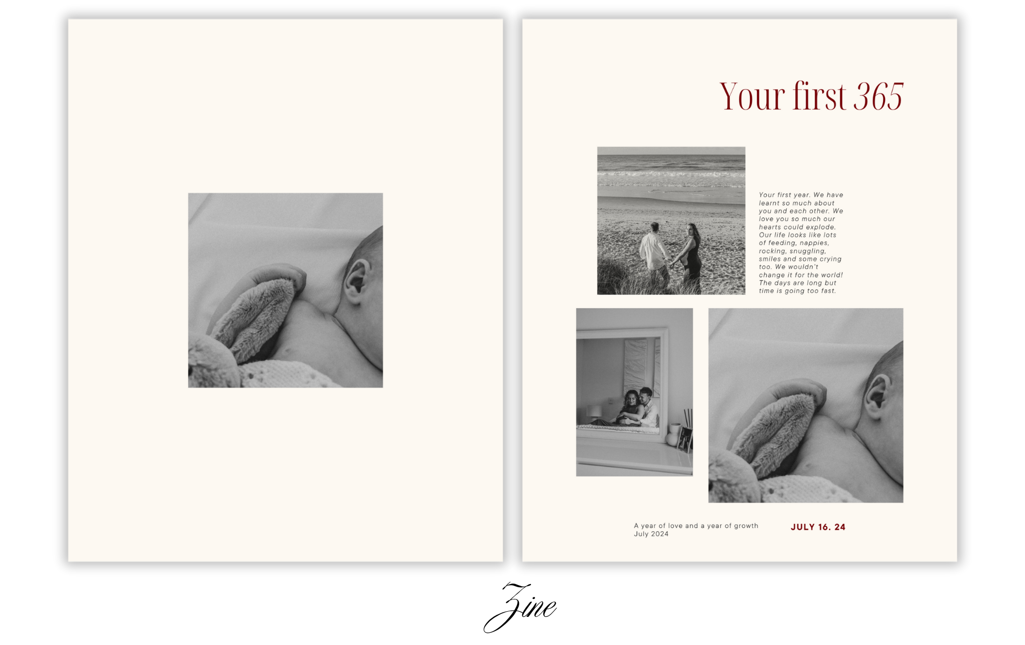 A side-by-side layout of a photo album page. The left page features a black-and-white close-up photo of a sleeping baby. The right page has a title "Your first 365" with a paragraph of sentimental text, a black-and-white photo of a couple holding han