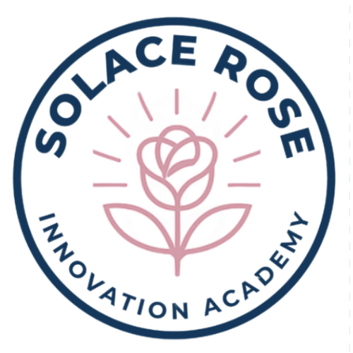 Logo with a pink line drawing of a rose with rays around it, encircled by the text 'SOLACE ROSE INNOVATION ACADEMY' in blue.