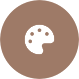 Brown circular background with a white artist's palette icon.