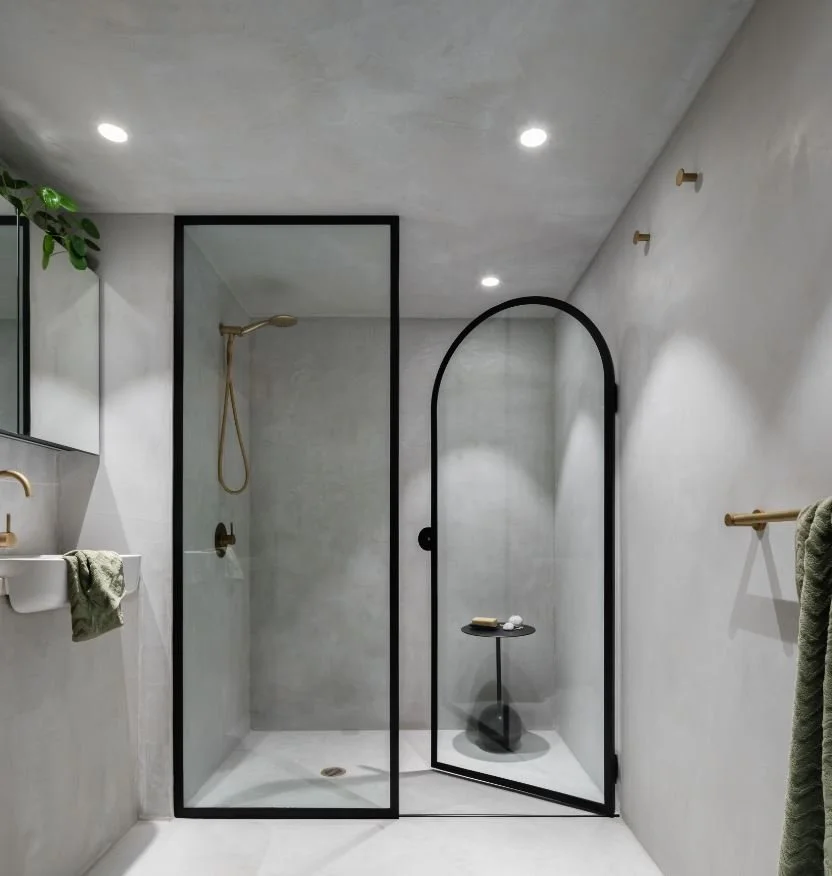 Modern gray microcement wet room perfect for luxury home remodels