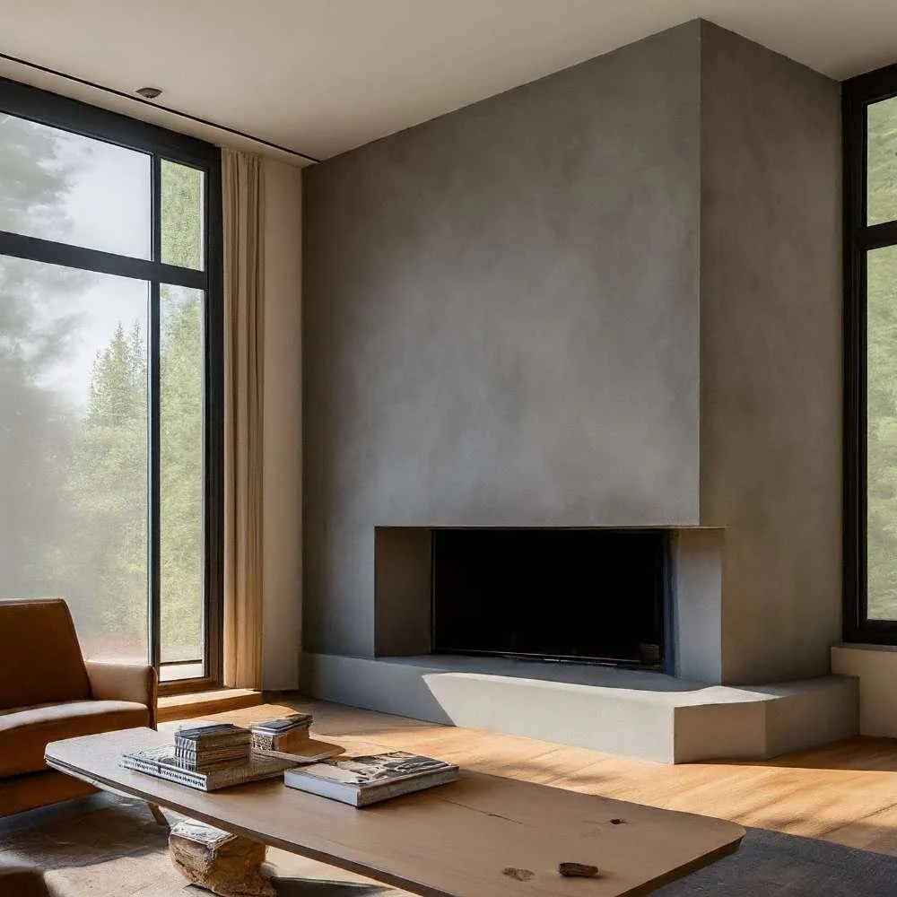 Warm gray custom microcement fireplace / accent wall