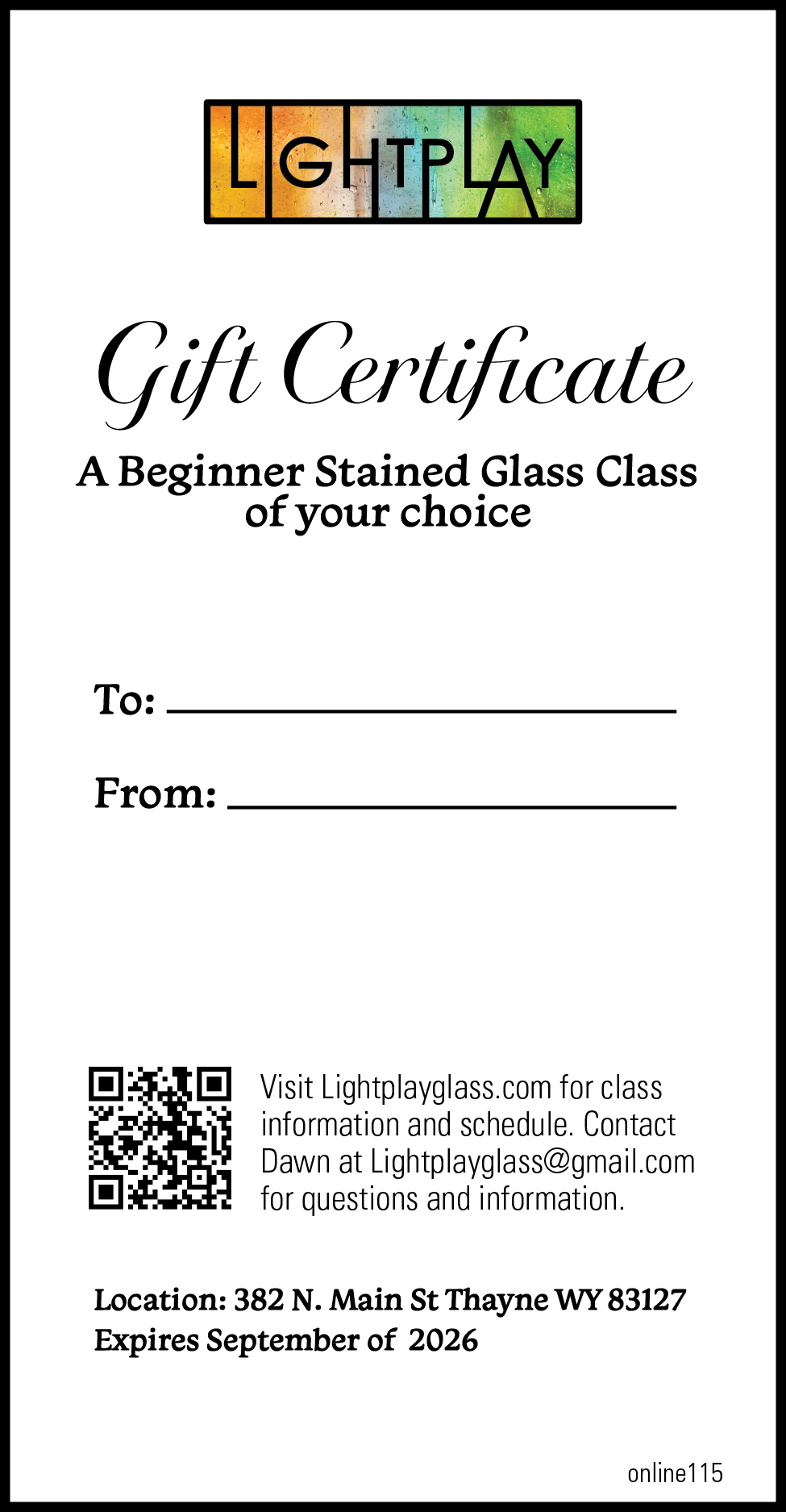 Stained Glass Class Gift Certificate