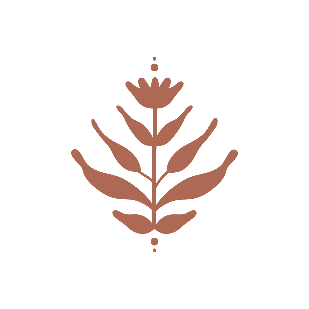 Stylized brown floral design with leaves and a small flower on top, arranged symmetrically.