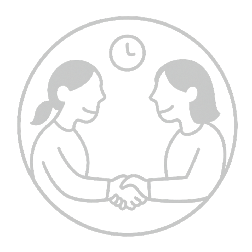 Line drawing of two women shaking hands with a clock above them, symbolizing cooperation and time.