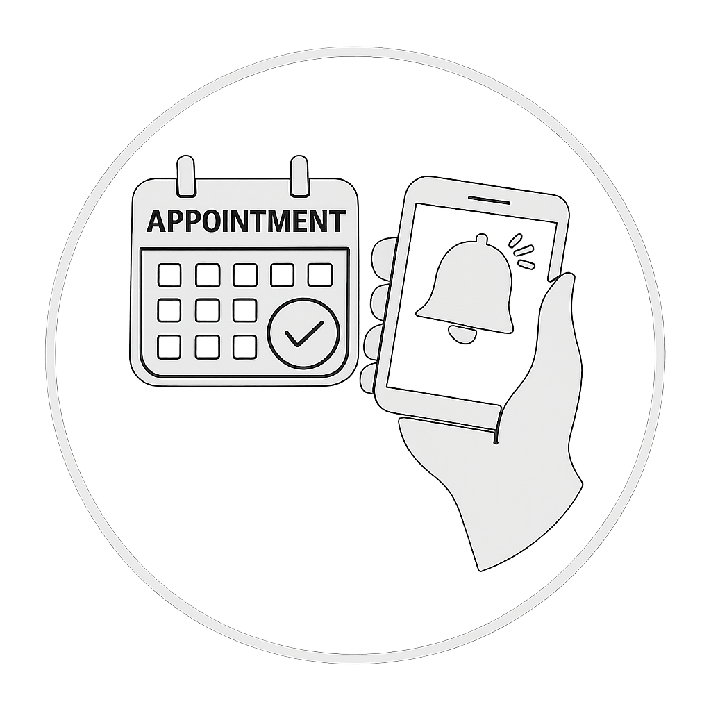 A hand holding a smartphone with a notification bell icon on the screen, next to a calendar page labeled 'APPOINTMENT' with a checkmark.