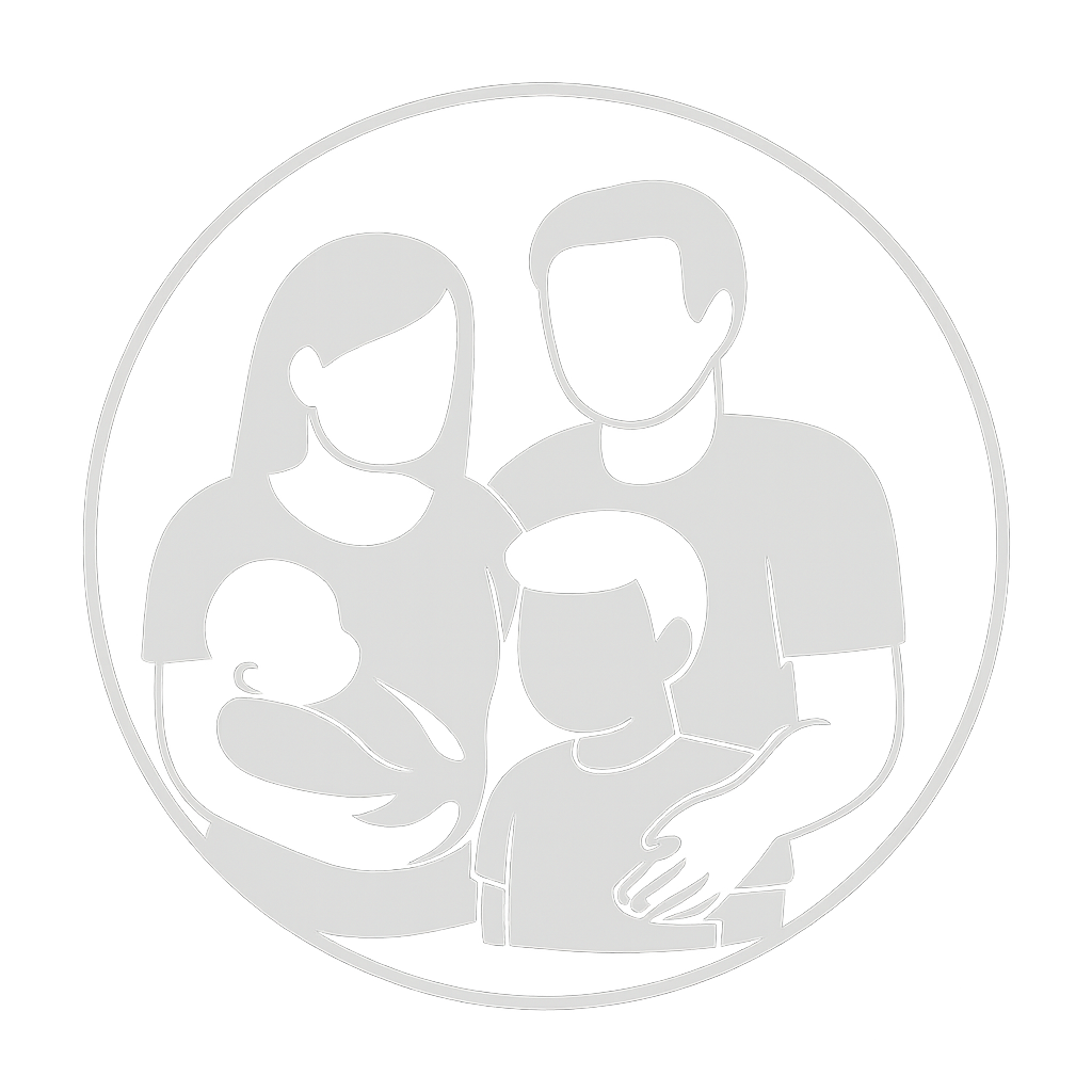 Silhouette illustration of a family with two children, one being held and the other standing, inside a circle.